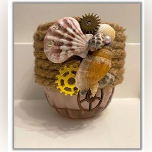 Handmade seaside themed candle. Hibiscus scented, nautical decals.